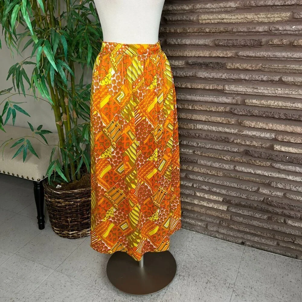 Vintage 60s 70s Pop Art Orange Yellow Geometric Nylon Maxi Skirt